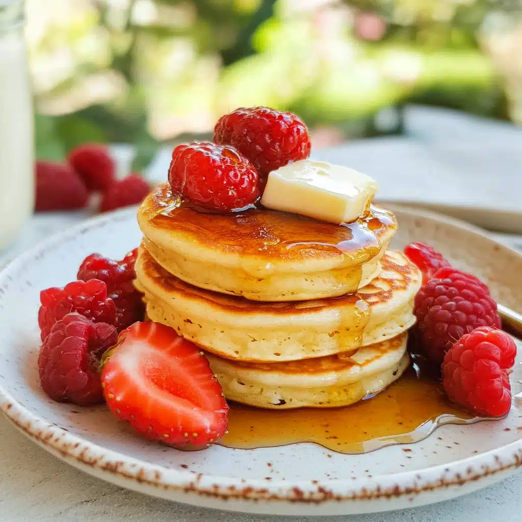 Mini pancakes with syrup and berries on a breakfast plate