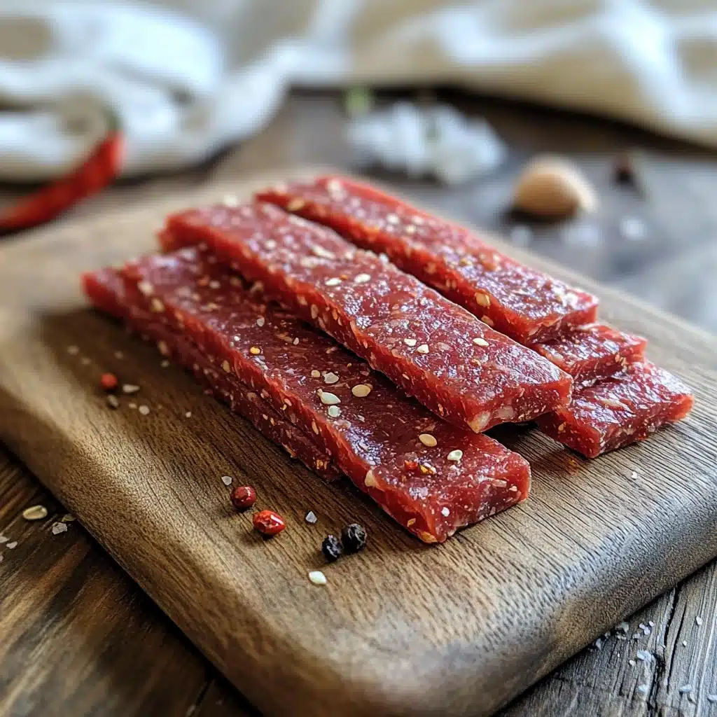 Raw ground beef jerky strips seasoned with pepper flakes and salt on a wooden board