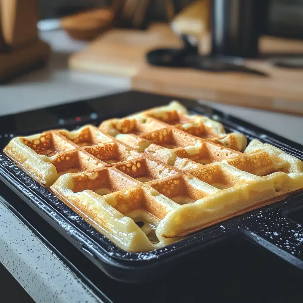 Freshly cooked waffle in a waffle iron made with pancake mix