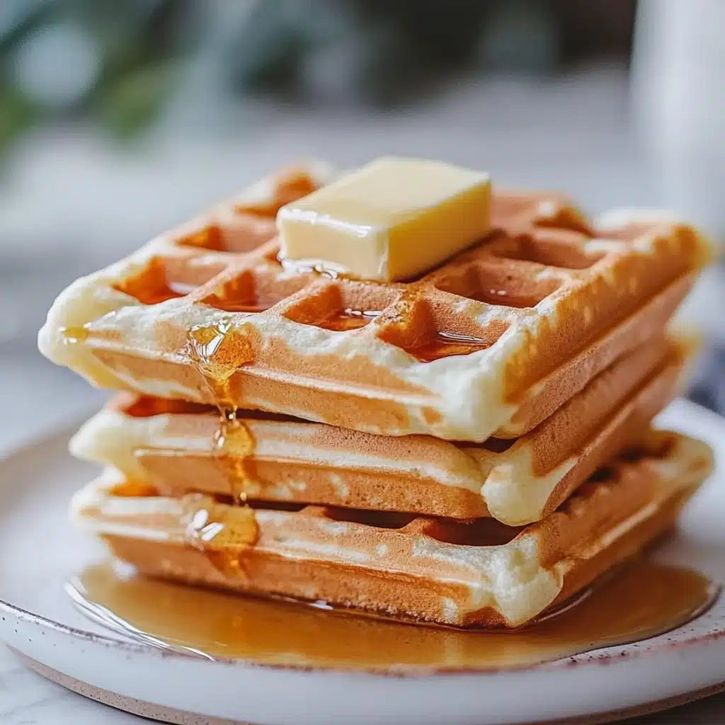 Crispy golden waffles made with pancake mix topped with butter and syrup