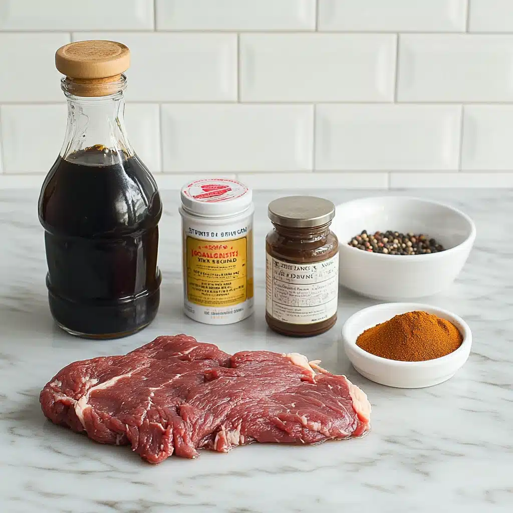 homemade best beef jerky ingredients on marble kitchen counter