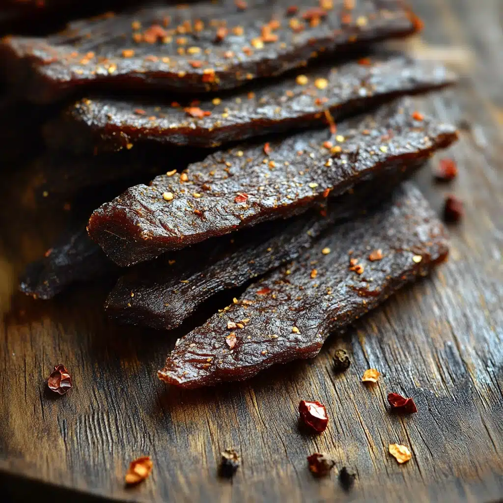 best beef jerky strips on wooden board with chili flakes