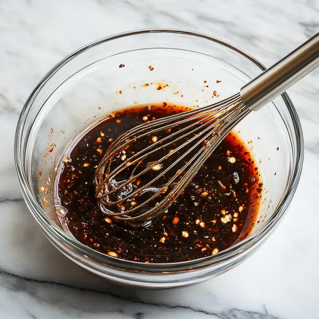 mixing marinade for best beef jerky with whisk in glass bowl