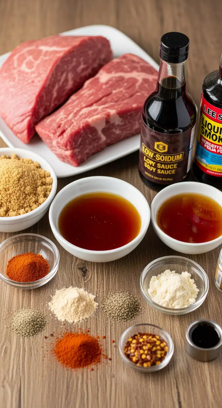 Homemade people's choice beef jerky ingredients laid out beautifully