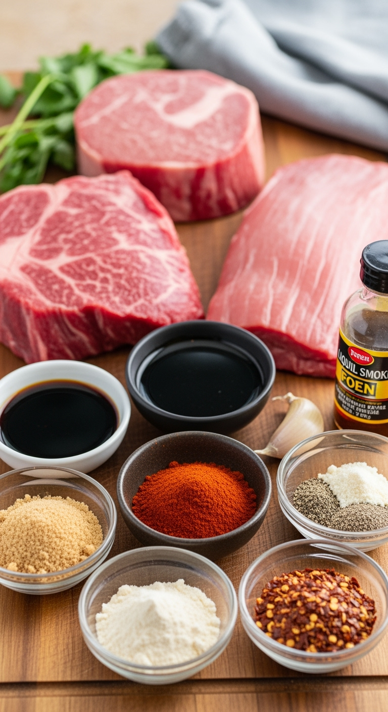Beef jerky ingredients including eye of round beef and spices