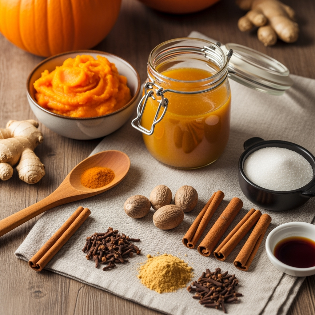 rustic-pumpkin-puree-spice-bowl Fresh pumpkin puree and pumpkin spice ingredients for cozy autumn recipe