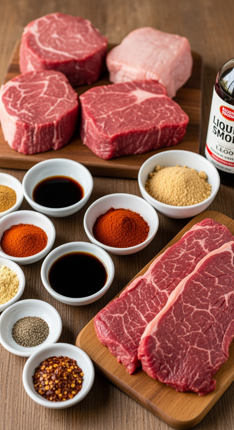 Beefcake jerky marinade ingredients on rustic wooden table, fresh and vibrant