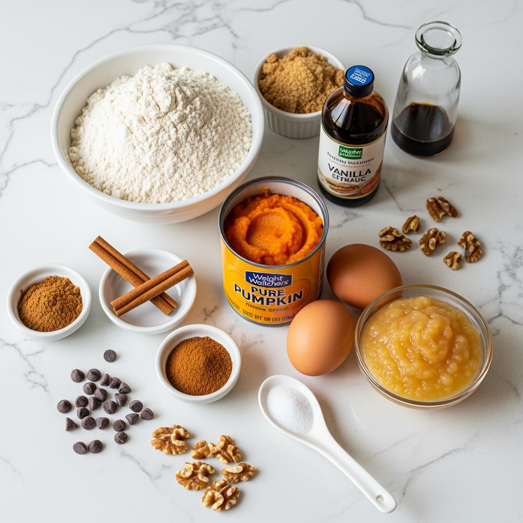 Weight Watchers pumpkin muffins ingredients on kitchen countertop fall colors