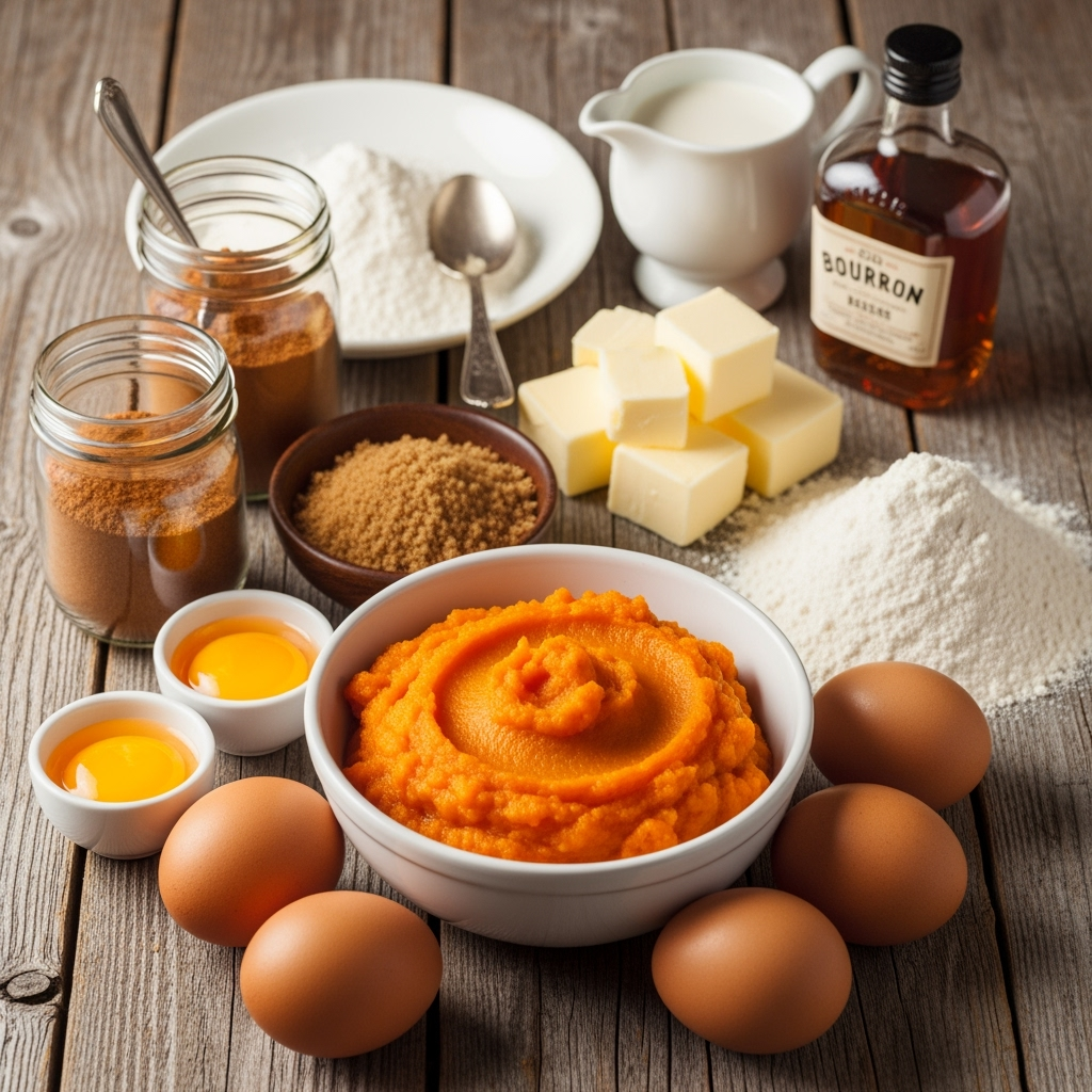 rustic-pumpkin-pie-ingredients-table Homemade pumpkin pie ingredients on rustic wooden table with spices