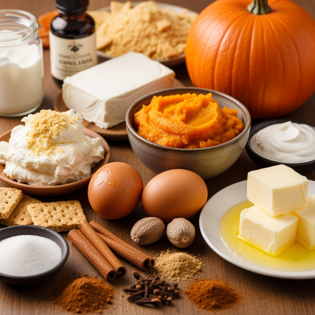 Homemade pumpkin cheesecake bars ingredients in cozy autumn kitchen setting