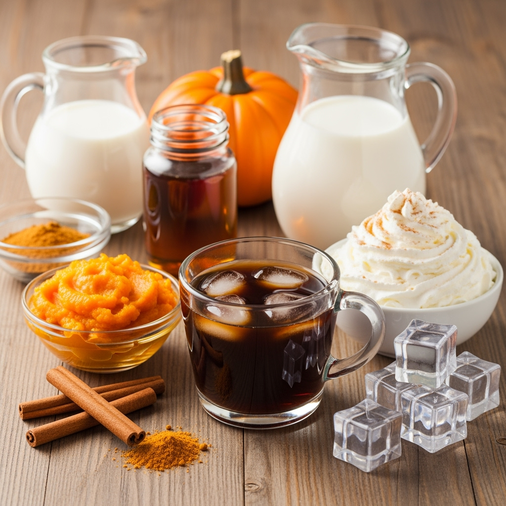 Pumpkin iced coffee ingredients on rustic wooden table with spices