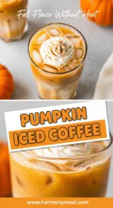 Pumpkin iced coffee with creamy swirls and whipped cream topping