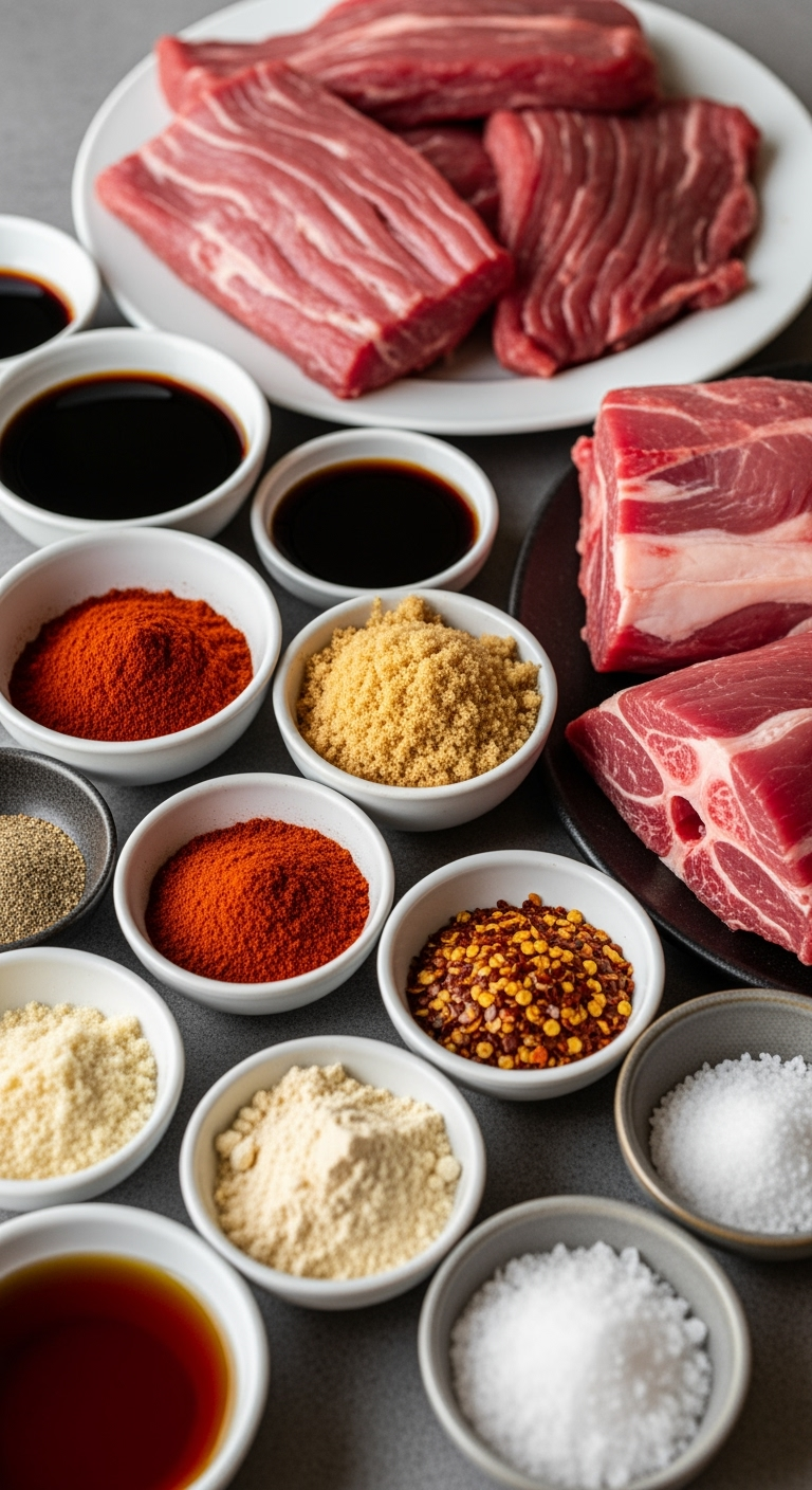 Fresh lean deer meat cuts with marinade spices for homemade Deer Jerky Recipe