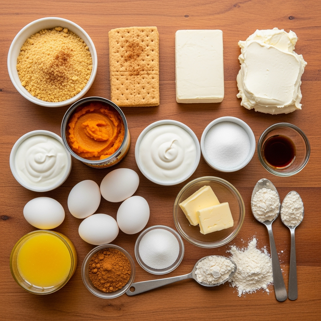 Pumpkin cheesecake ingredients arranged on rustic table, autumn baking essentials.