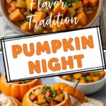 Fresh vibrant ingredients for pumpkin night stew on rustic table