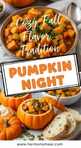 Fresh vibrant ingredients for pumpkin night stew on rustic table