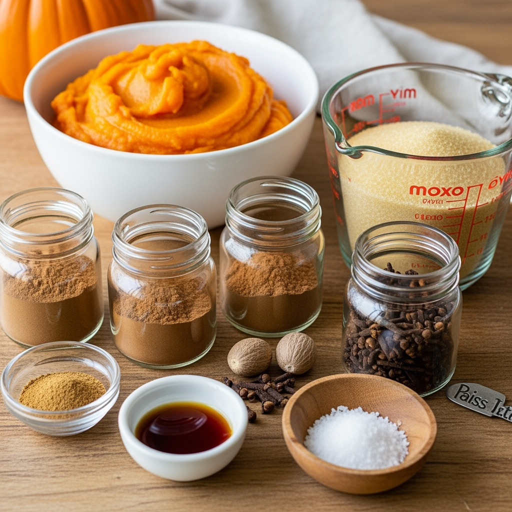 Homemade pumpkin spice coffee syrup ingredients on rustic wooden surface
