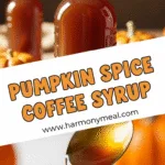 Pumpkin spice coffee syrup bottle and drizzle on coffee close-up.