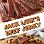 Homemade Jack Link’s beef jerky style on rustic wooden board close-up