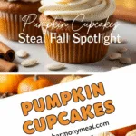 Moist pumpkin cupcakes with cream cheese frosting and cinnamon spice topping
