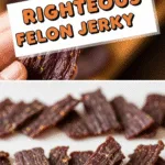 Close-up Righteous Felon jerky tender, marinated, spicy on rustic wooden board