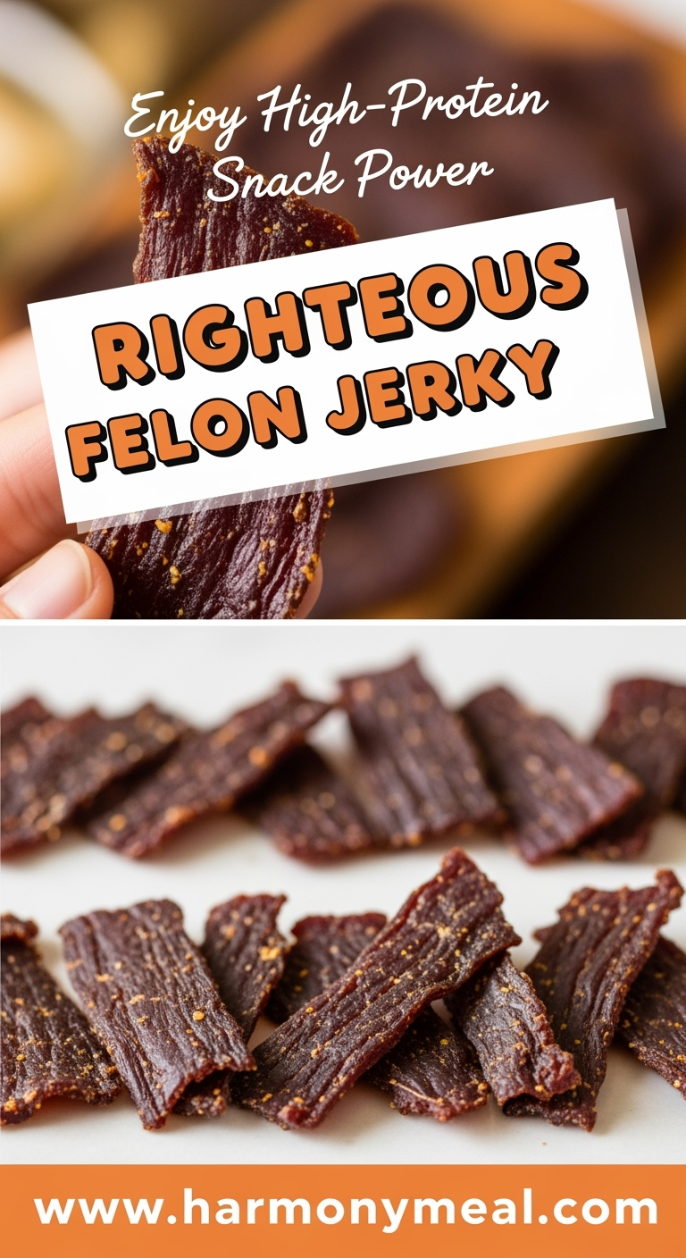 Close-up Righteous Felon jerky tender, marinated, spicy on rustic wooden board