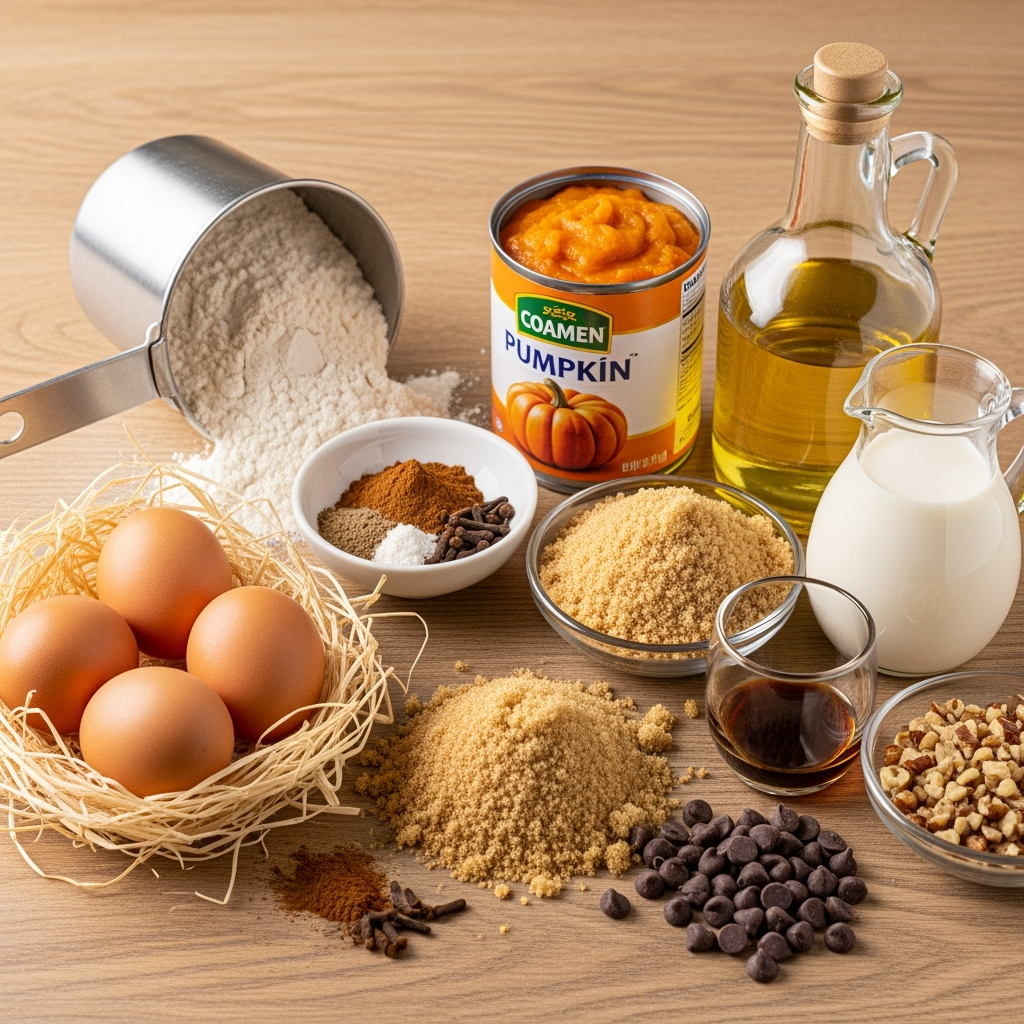 Pumpkin Muffins ingredients arranged on wooden countertop, autumn baking scene