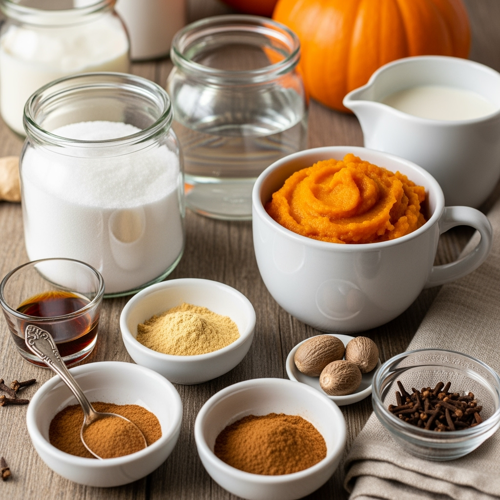 Homemade pumpkin spice sauce ingredients for coffee in kitchen scene