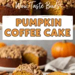 Pumpkin coffee cake slice with cinnamon streusel and vanilla glaze topping