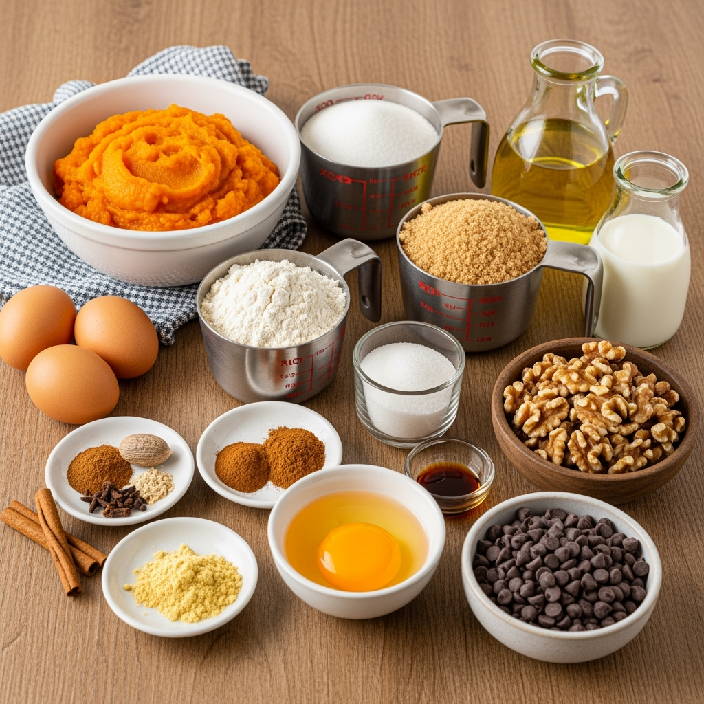 pumpkin-bread-ingredients-autumn-baking Pumpkin bread ingredients with spices, pumpkin puree, flour, sugar, and walnuts