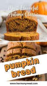 Moist pumpkin bread loaf with cinnamon, nutmeg, walnuts, and chocolate chips