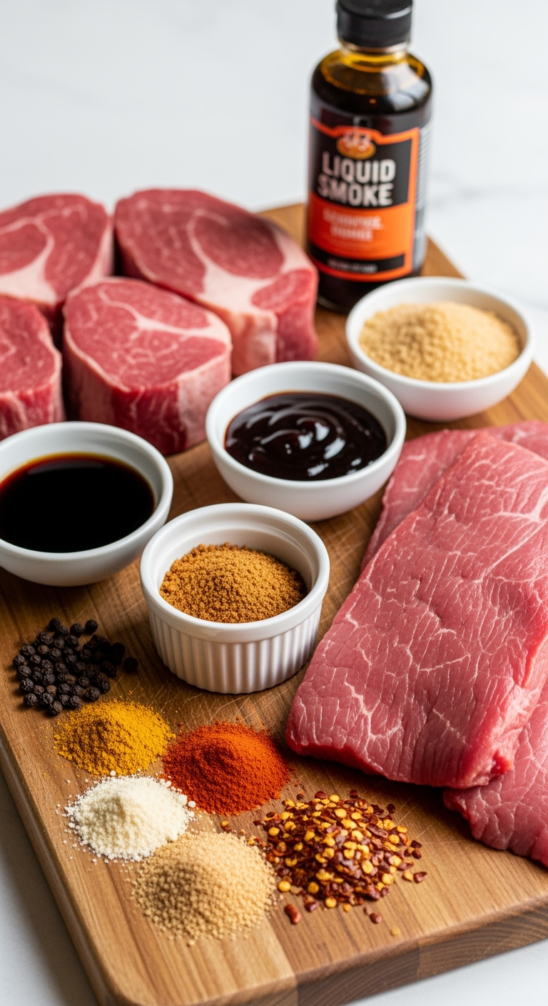Beef Jerky Near Me Fresh beef jerky recipe ingredients on rustic wooden cutting board