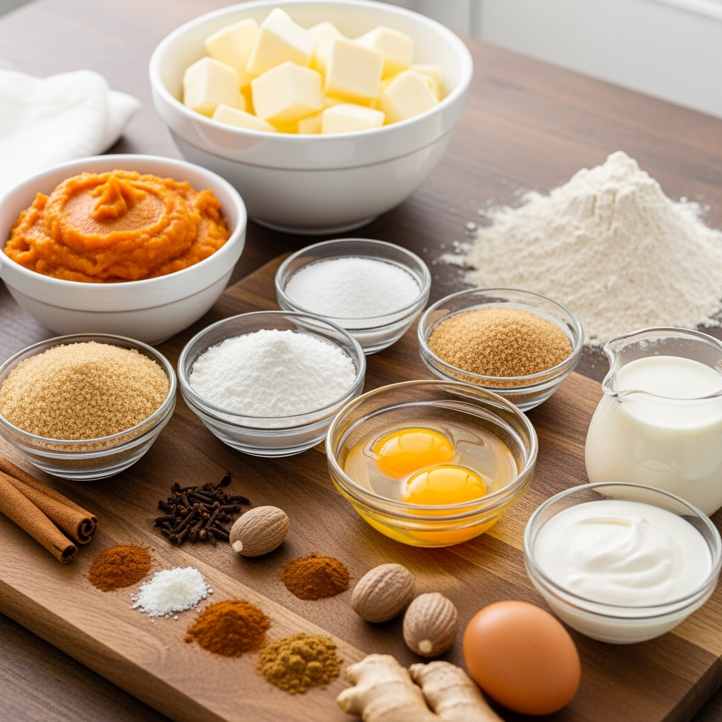 Pumpkin pie bars ingredients displayed on rustic kitchen countertop.