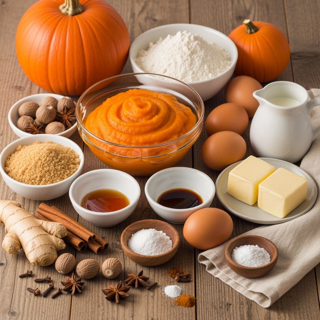 pumpkin-ingredients-fall-baking-setup.jpg Fresh ingredients for pumpkin recipes on rustic wooden table setup