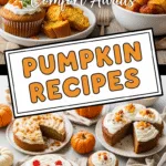 Cozy fall pumpkin recipes featuring cakes, muffins, and savory soups.