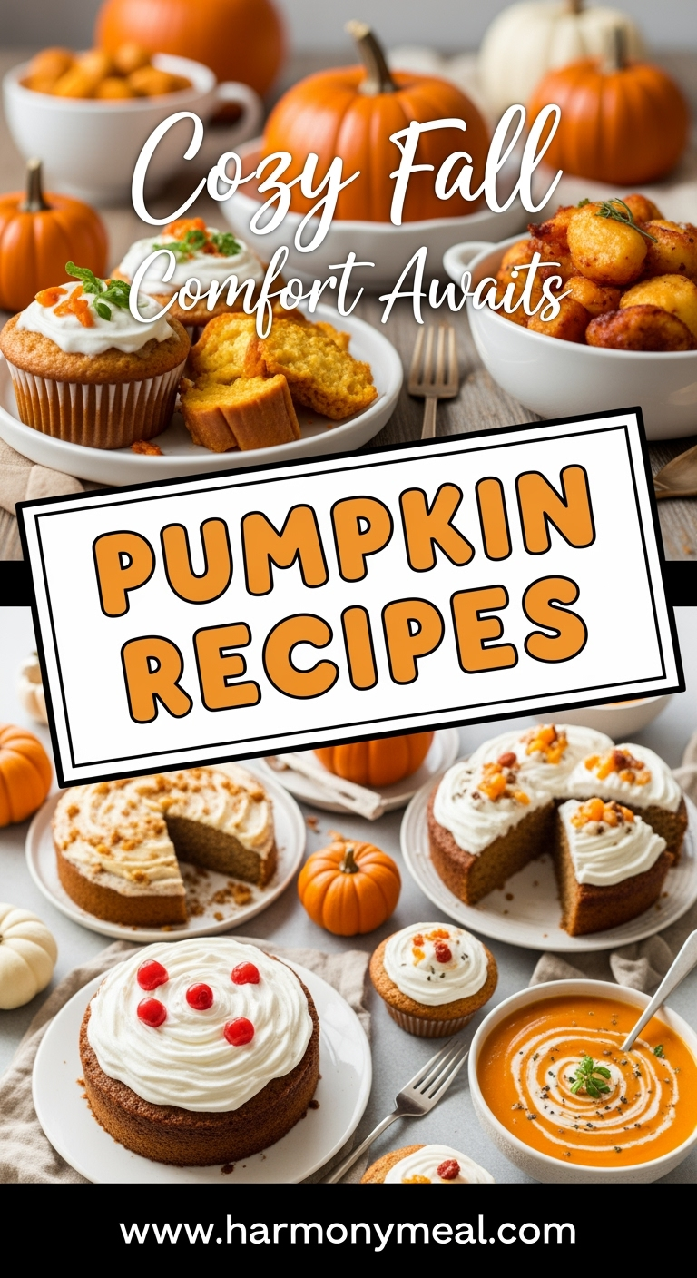 Cozy fall pumpkin recipes featuring cakes, muffins, and savory soups.
