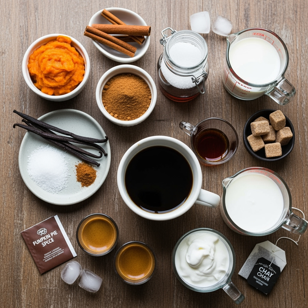 rustic-pumpkin-starbucks-ingredients-cozy Pumpkin Starbucks drinks ingredients on rustic kitchen counter with spices