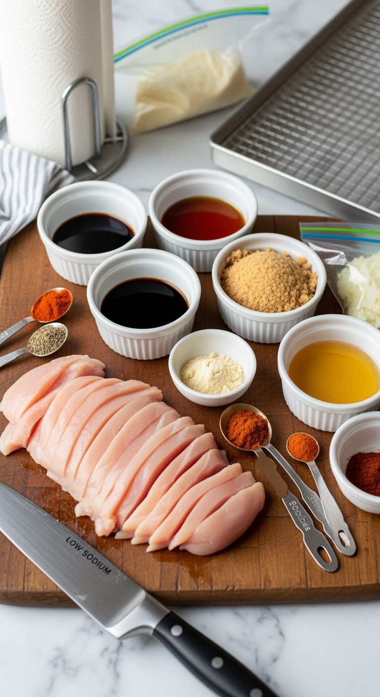 Overhead close-up of homemade chicken jerky ingredients on rustic board
