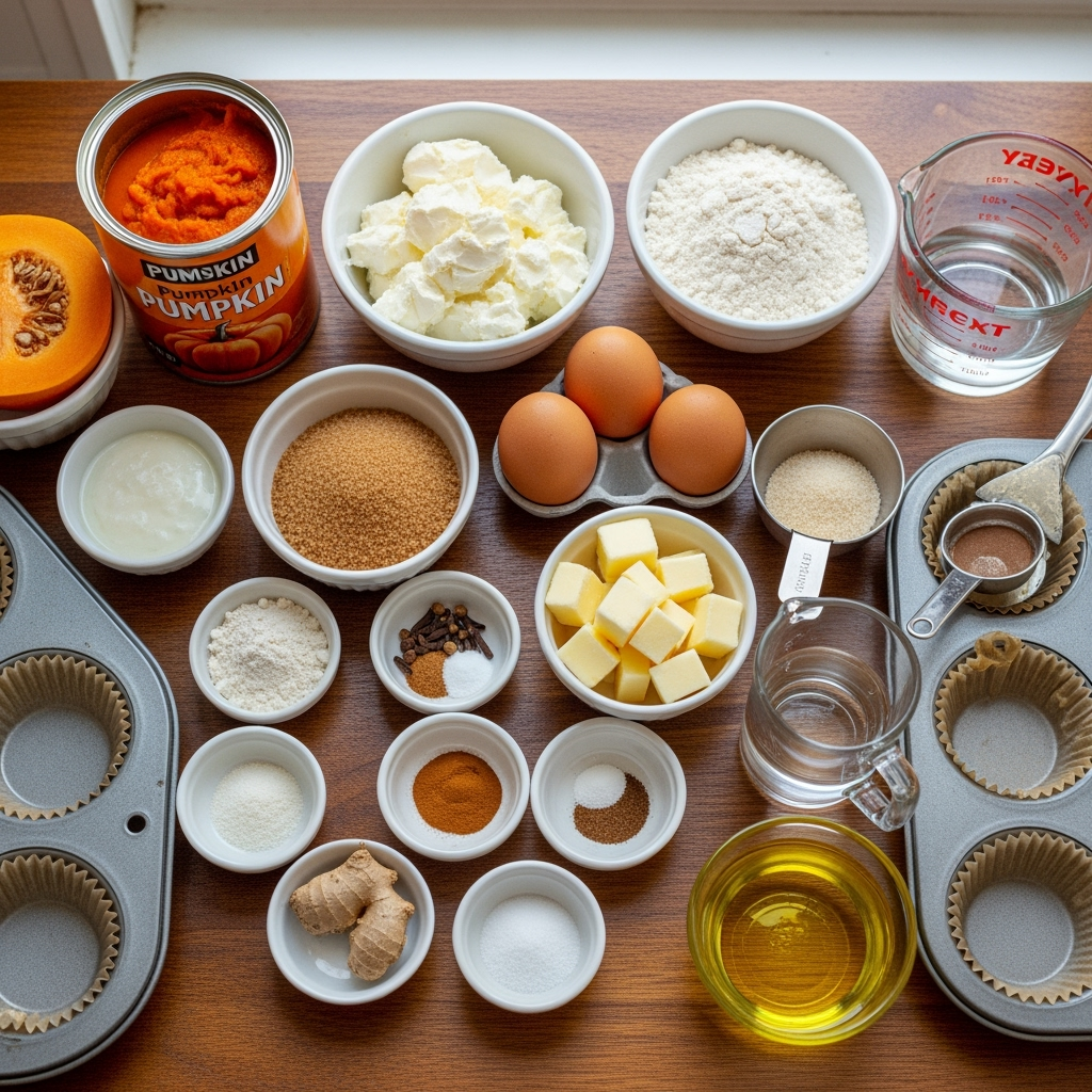 Flat lay of ingredients for pumpkin cream cheese muffins recipe
