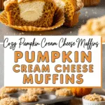 Pumpkin cream cheese muffins with creamy cheesecake center, warm natural lighting