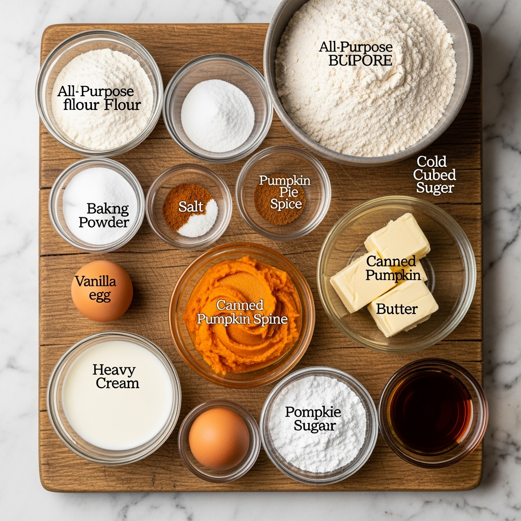 Overhead close-up of moist pumpkin scones ingredients for easy recipe