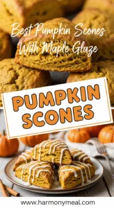 Homemade pumpkin scones recipe with maple glaze, flaky moist texture