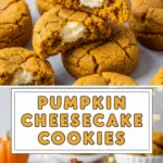 Pumpkin cheesecake cookies with creamy pockets on rustic platter garnished.