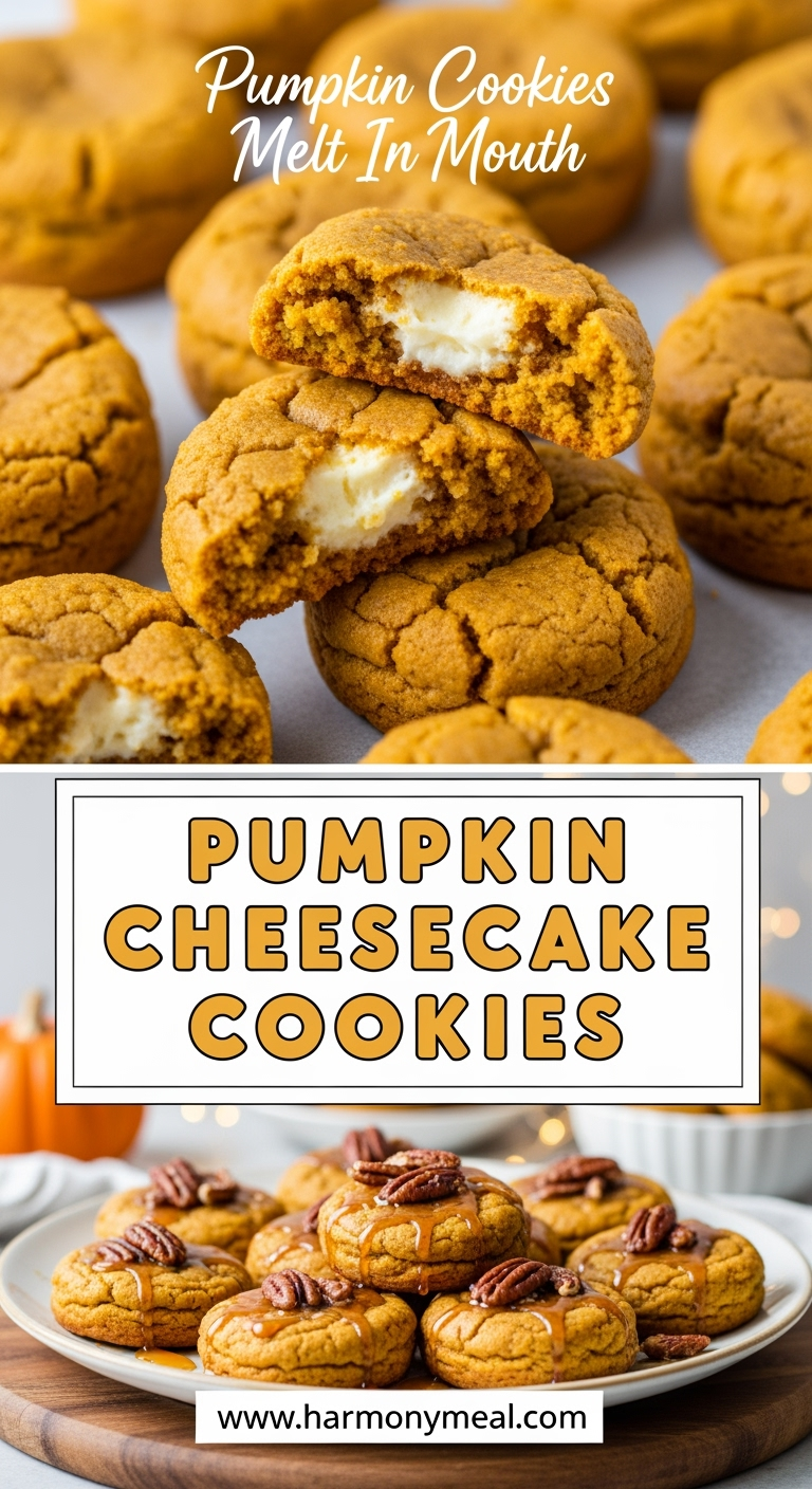 Pumpkin cheesecake cookies with creamy pockets on rustic platter garnished.