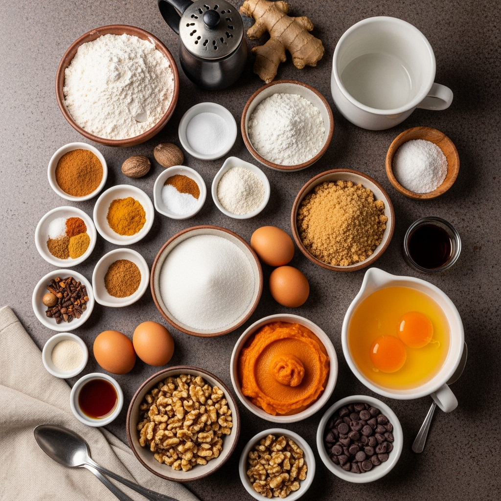 pumpkin-bread-ingredients-cozy Pumpkin Bread Recipe ingredients array fresh spices flour eggs sugar oil.