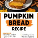 Moist spiced pumpkin bread recipe slice with fall decor and ingredients