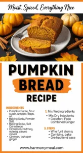 Moist spiced pumpkin bread recipe slice with fall decor and ingredients