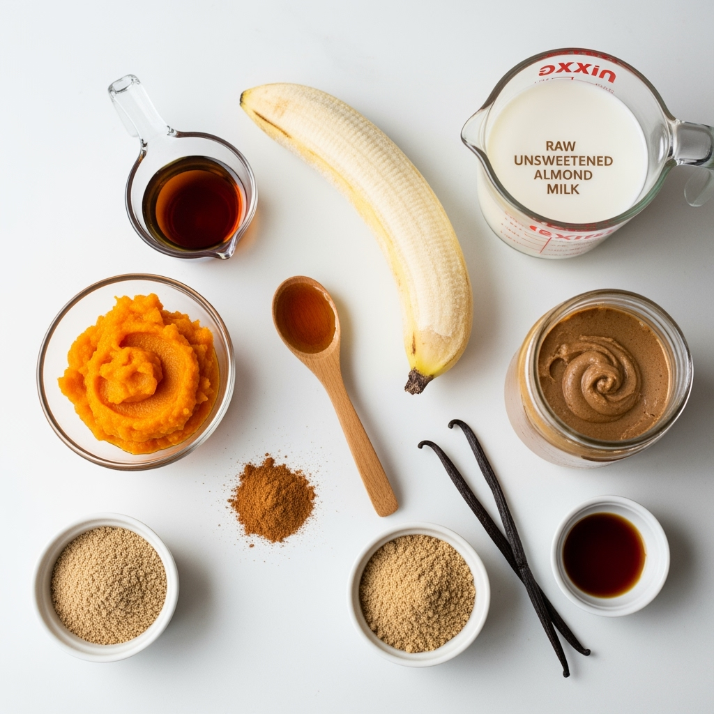 pumpkin-oatmeal-muffin-ingredients-fall Healthy pumpkin oatmeal muffins ingredients: pumpkin puree, oats, bananas, chocolate chips.