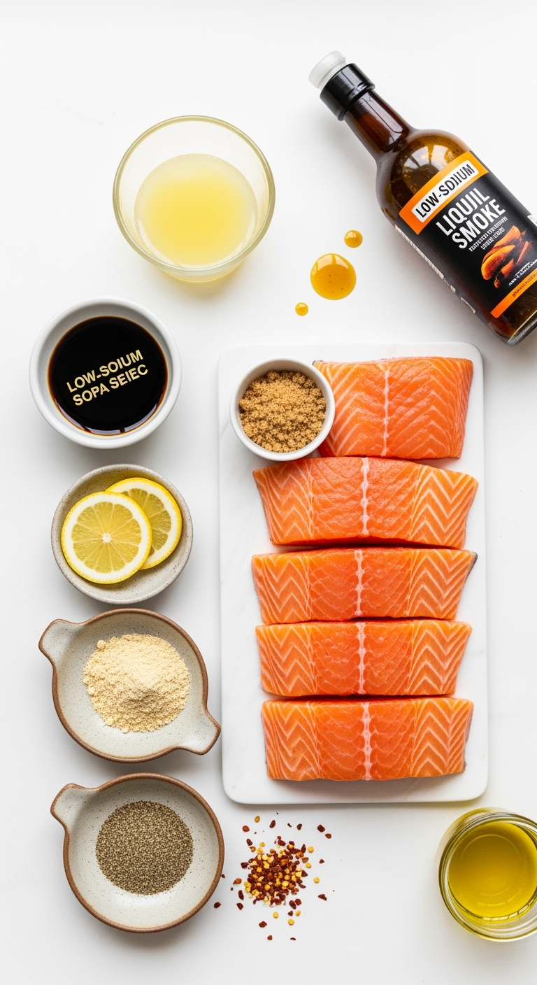 wild-caught-salmon-jerky-ingredients Salmon jerky ingredients fresh salmon, soy sauce, maple syrup, spices arranged