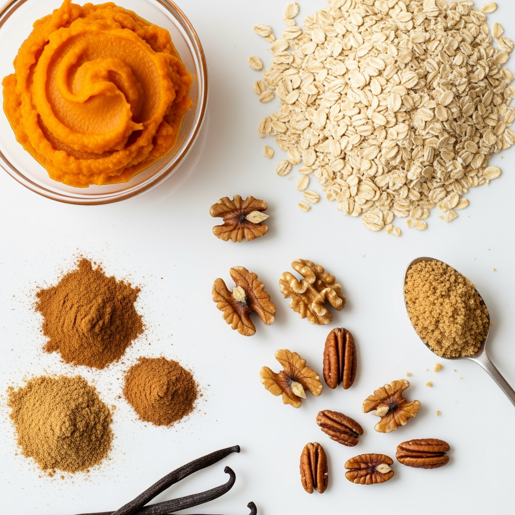 Pumpkin oatmeal cookie ingredients displayed in warm, natural kitchen light.